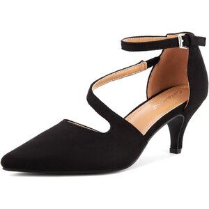 Women's Black Suede2 Polyurethane Pointed Toe Cross Strap Low Kitten Heel Pumps